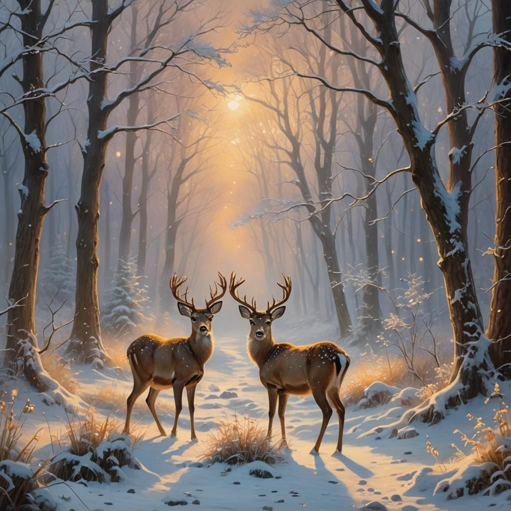 Ethereal Deer in Snowy Forest, Magical Realism Style