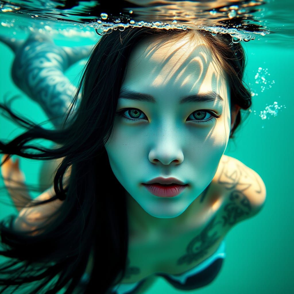 Asian Mermaid Witch with Green Eyes in Turquoise Waters