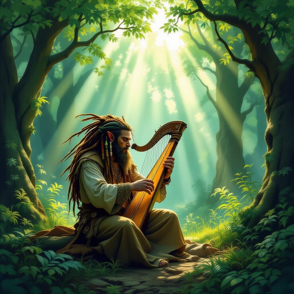 Dreadlocked Beetle Plays Celtic Harp in Magical Forest