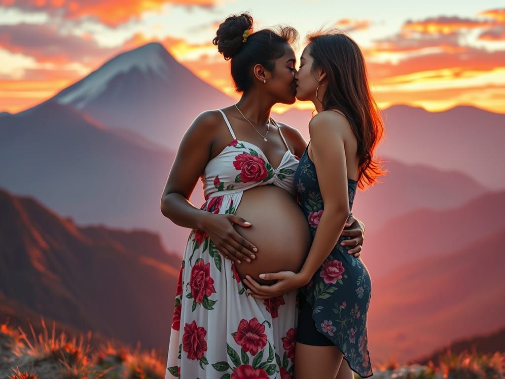 Pregnant Woman and Partner Kiss at Sunset, Surreal Art