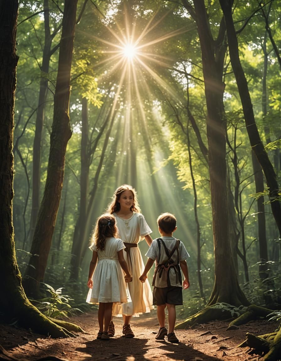 Magical Adventure: Goddess and Child in Sunny Woods