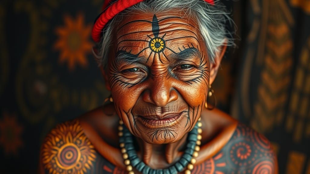 Indigenous Woman Adorned in Vibrant Body Paint