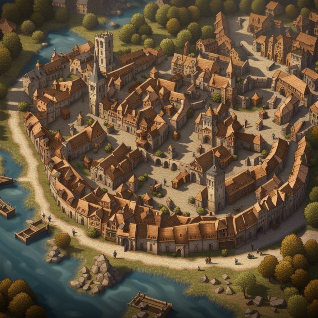 Detailed Medieval Town Map in Atlas Style
