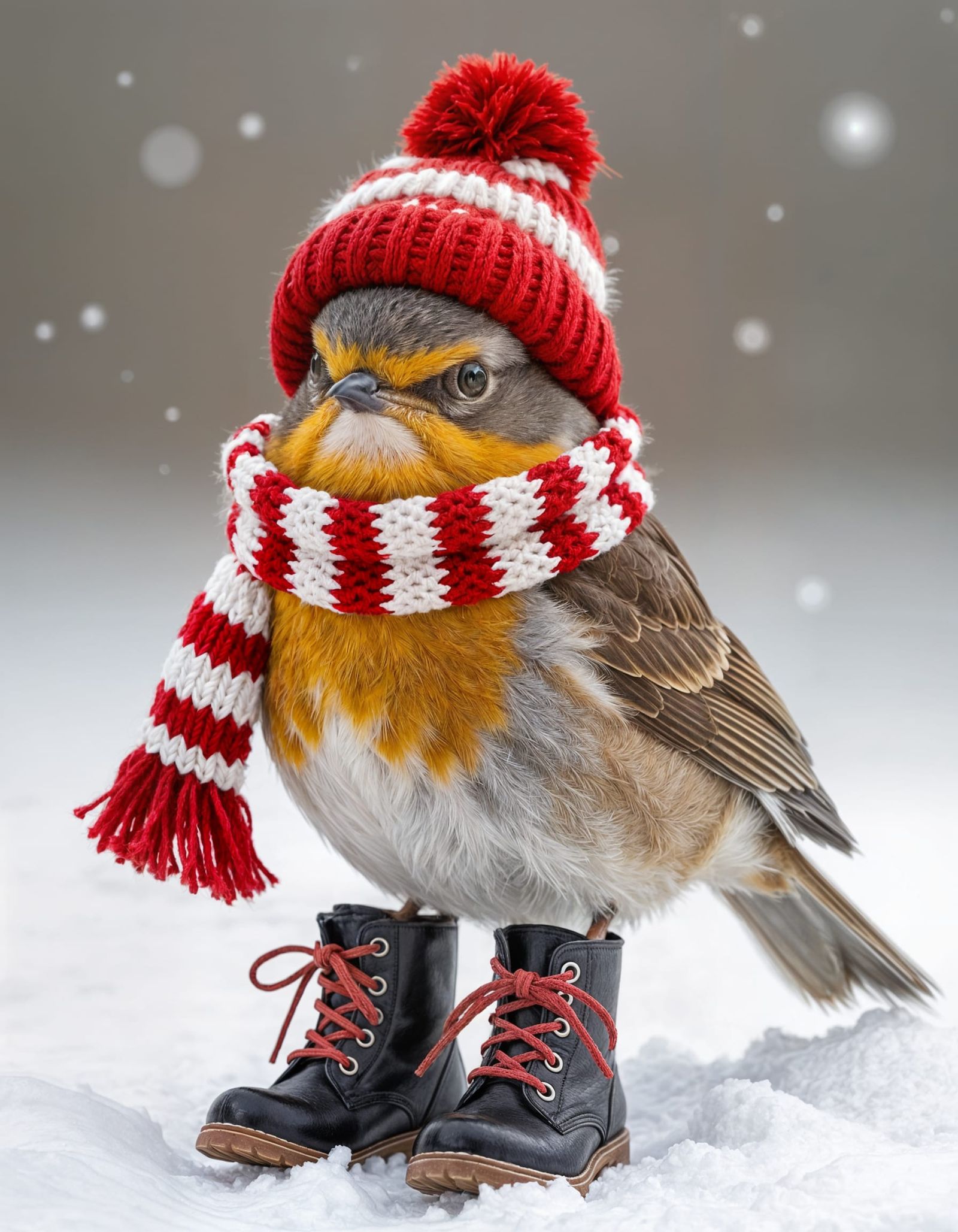Whimsical Winter Robin in Knitted Hat and Scarf