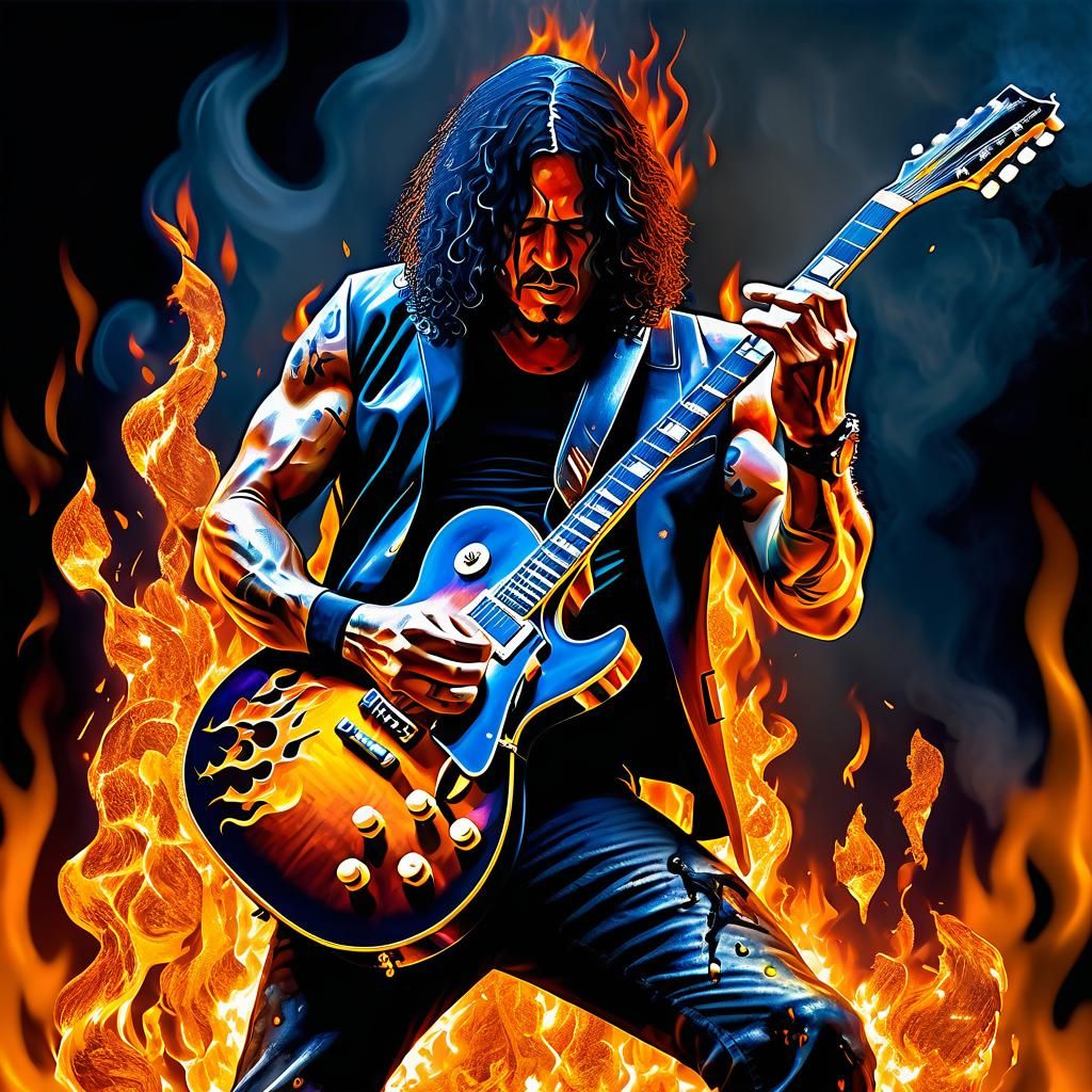 Slash Guitar Solo in Flames: Photorealistic Oil Painting