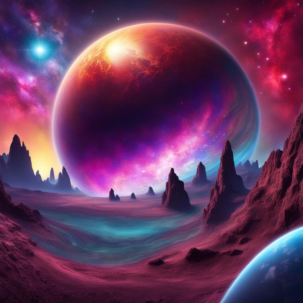 Colorful Galaxy Over a Fantasy Planet