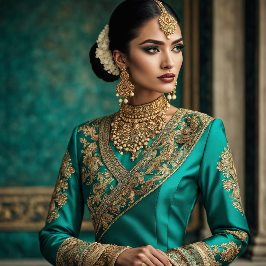 Elegant Woman in Teal and Gold Embroidered Attire