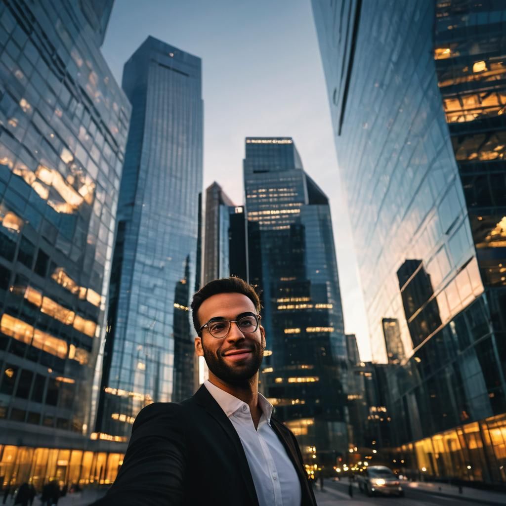 Playful Photobomb in Modern Cityscape at Sunset