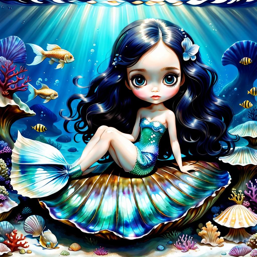 Beautiful Chibi Mermaid on Clam Shell Digital Art