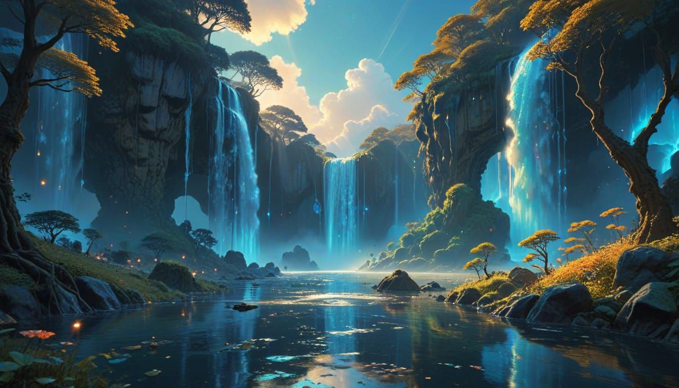 Whimsical Fantasy Dreamscape with Drifting Islands and Glowi...