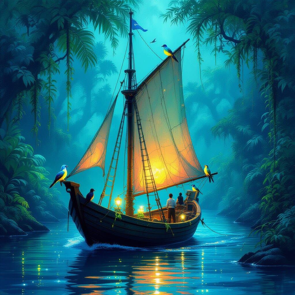 Bioluminescent Sailboat in Alien Jungle Gouache Painting