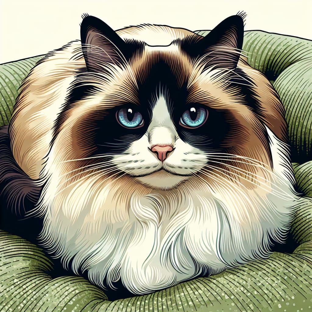 Soulful Ragdoll Cat Basks in Plush Green Cushion