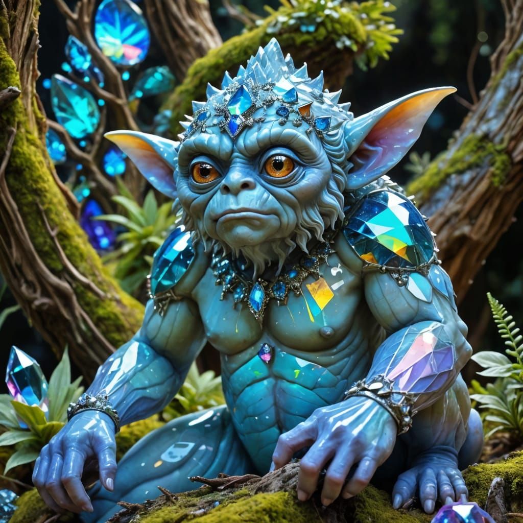 Whimsical Crystal Woodland Troll in Iridescent Opal