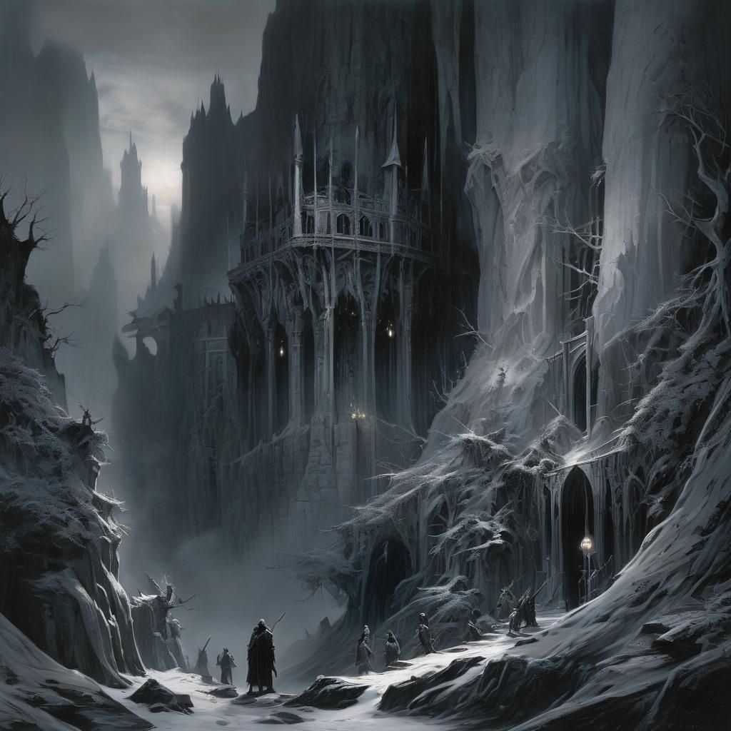 Grimdark Fantasy Landscape in John Howe Style