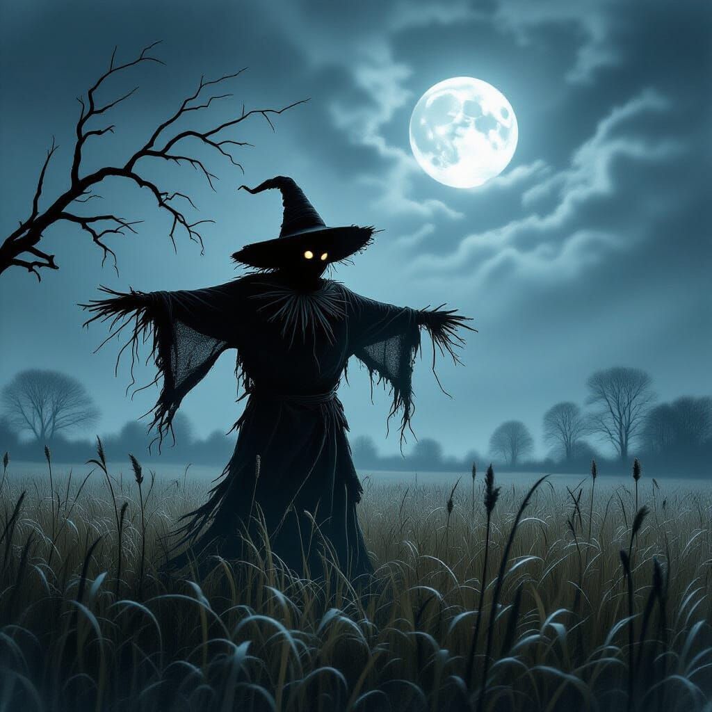 Eerie Scarecrow in Moonlit Field Charcoal Drawing