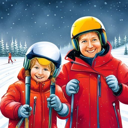 Young Skier on Piste in Gentle Snowfall