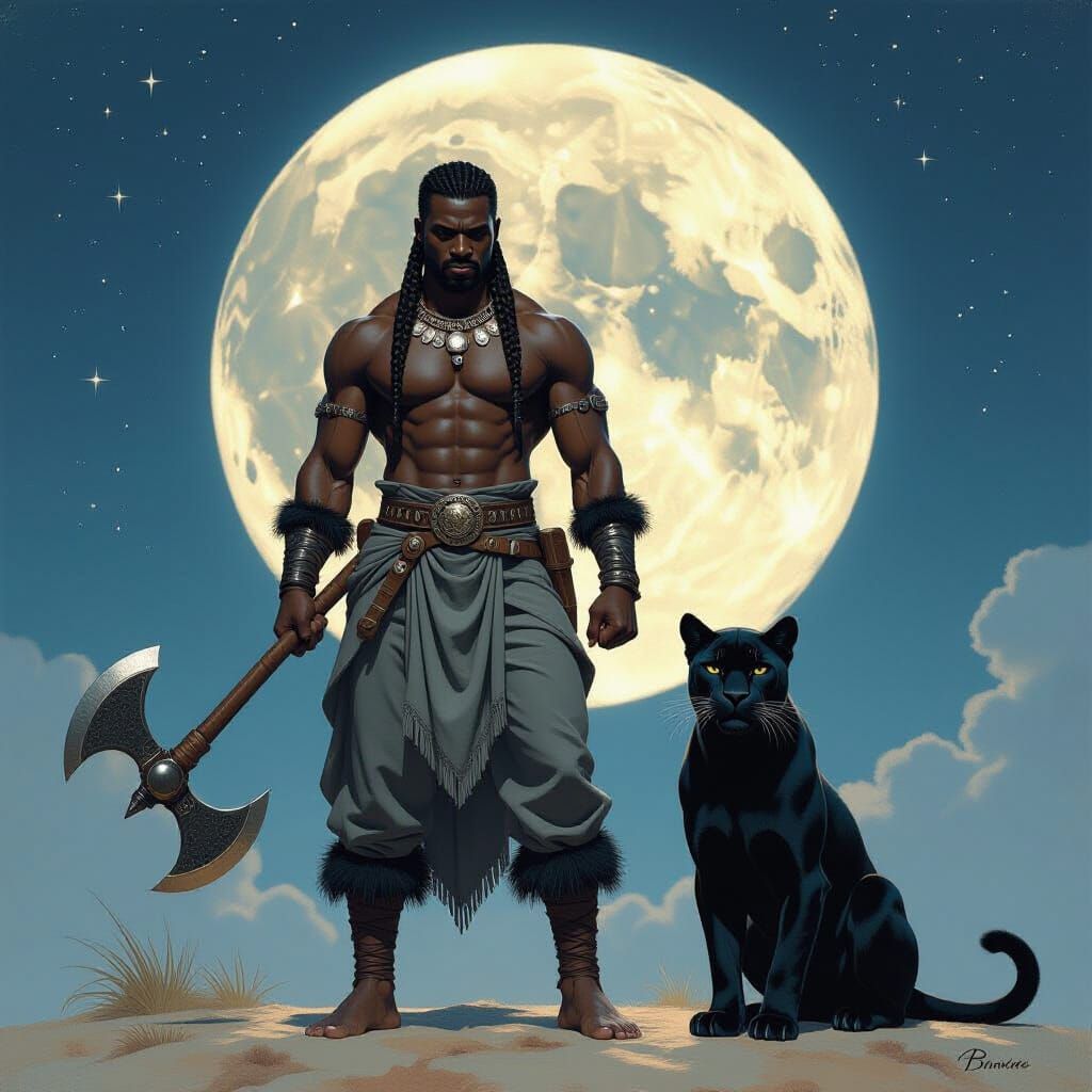 African Warrior With Panther Under Half Moon