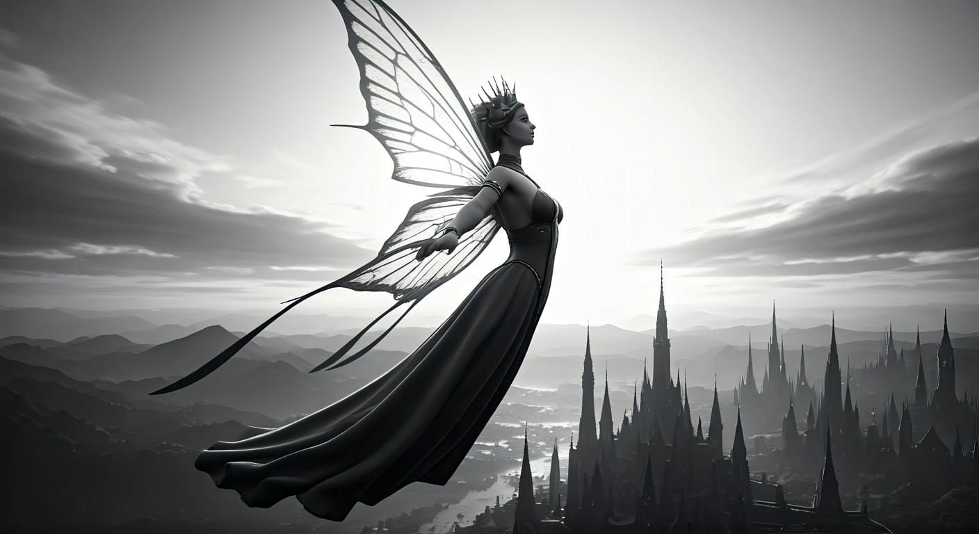 Regal Fairy Queen Soaring Over Her Kingdom