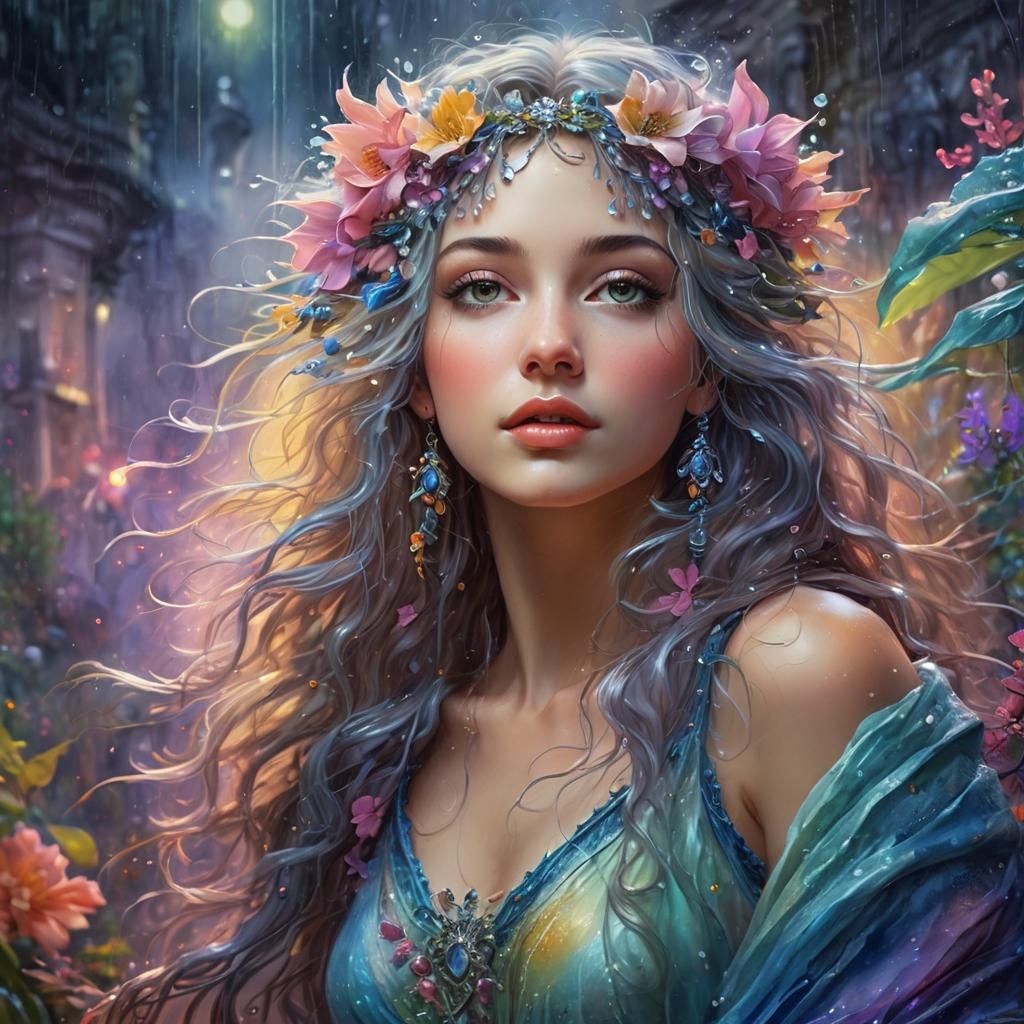 Ethereal Woman in Gentle Pastel Summer Rain