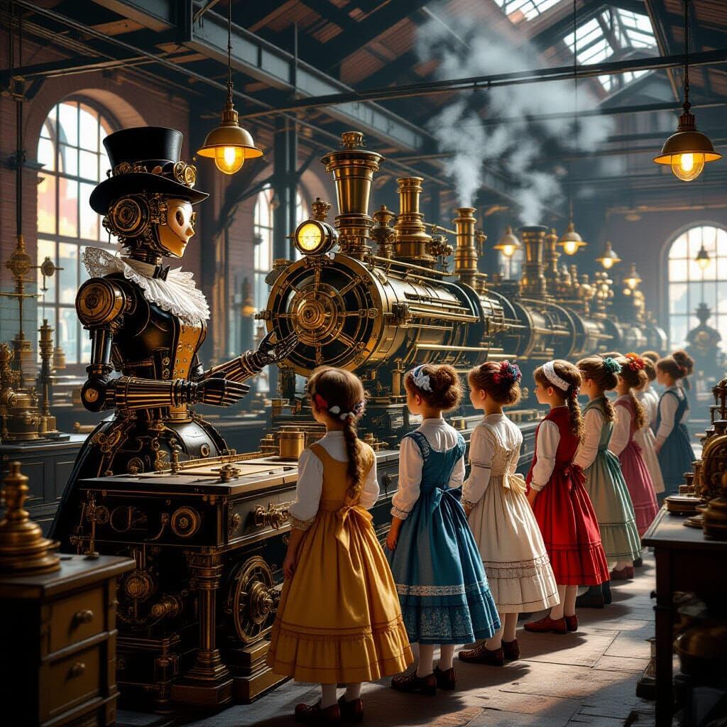 Steampunk Automaton Teacher with Students in Victorian Facto...