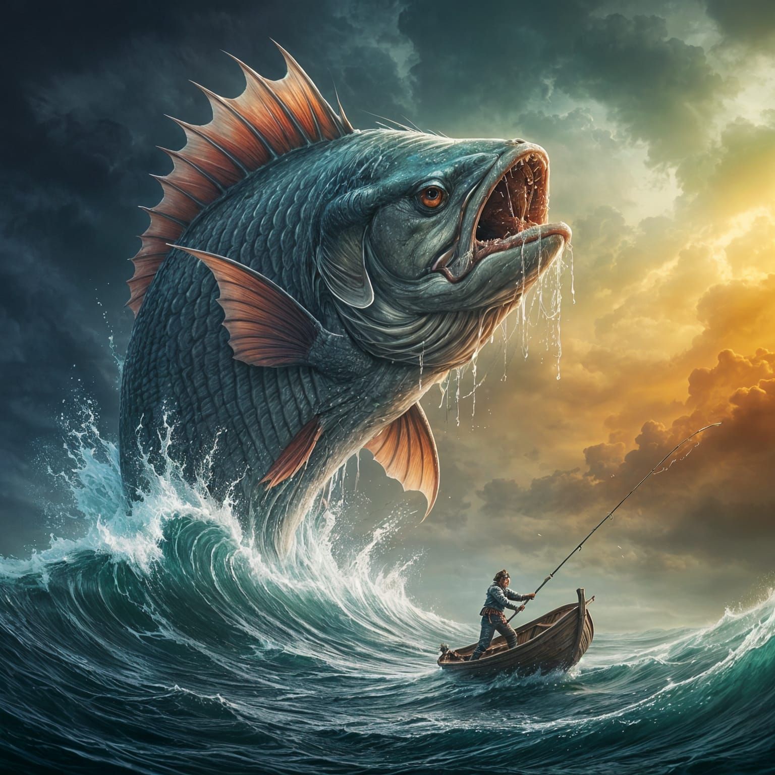 Mythical Fish Battle in Stormy Seas - High Fantasy Art