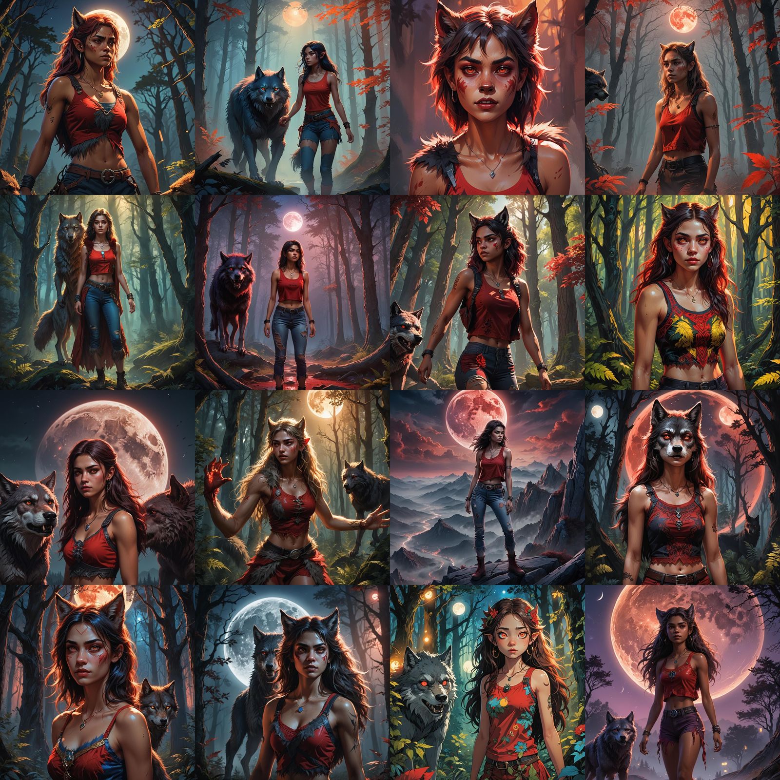 Teenage Werewolf Girl in Red Crop Top: Fantasy Art