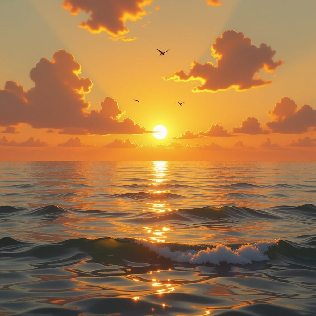 Golden Sunset Over Endless Ocean with Ethereal Light