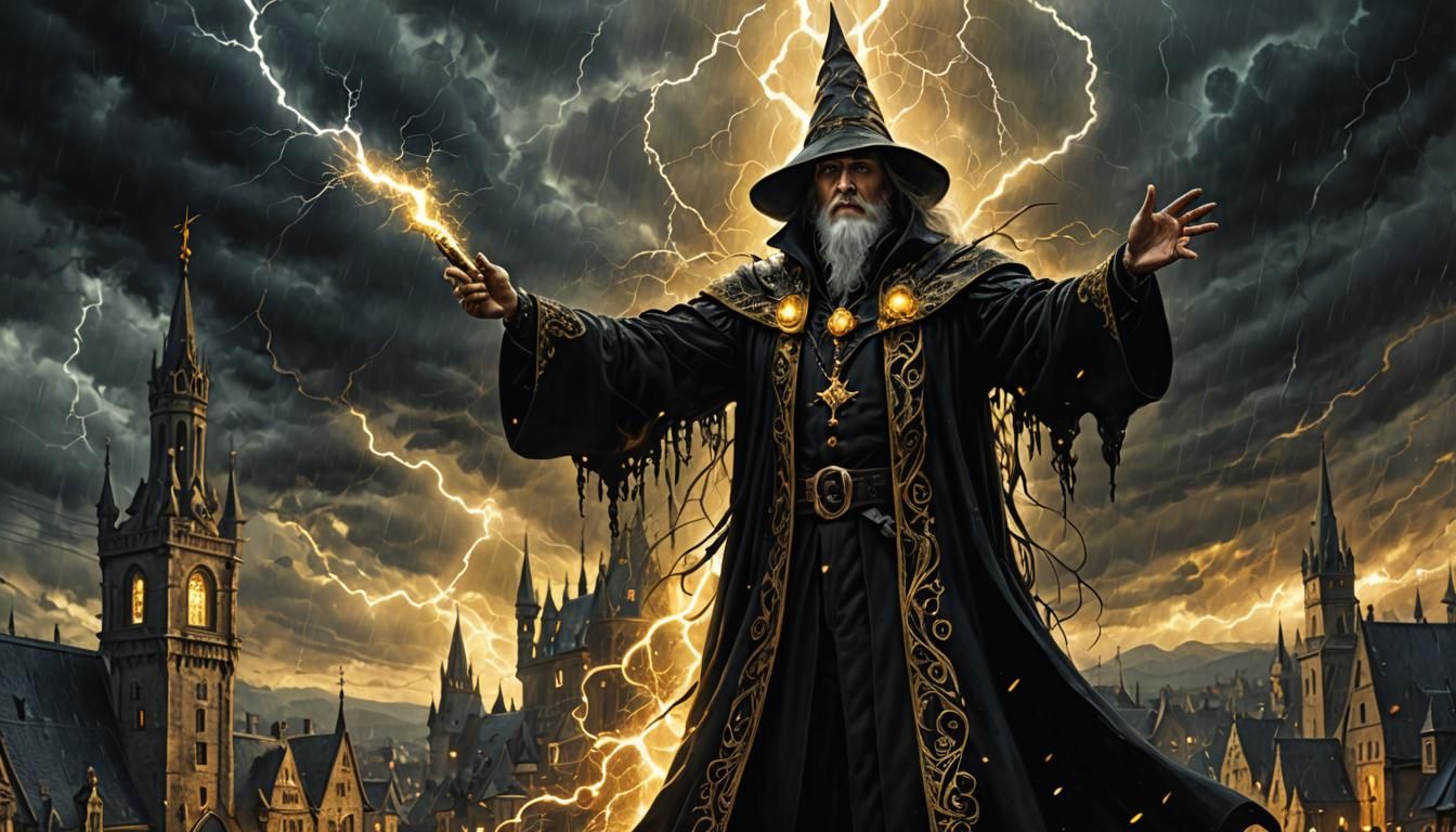 Golden Aura Wizard Causes Lightning Storm in Gothic Town