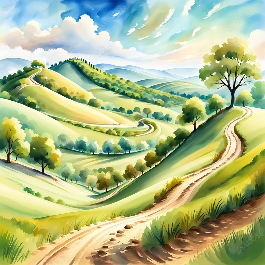 Idyllic Landscape Digital Painting with Winding Path