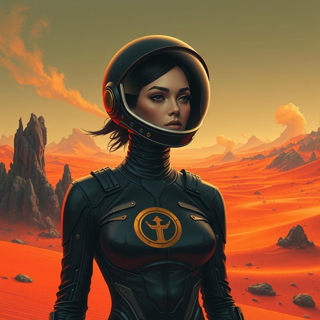 Woman in Spacesuit on Mars in Industrial Style
