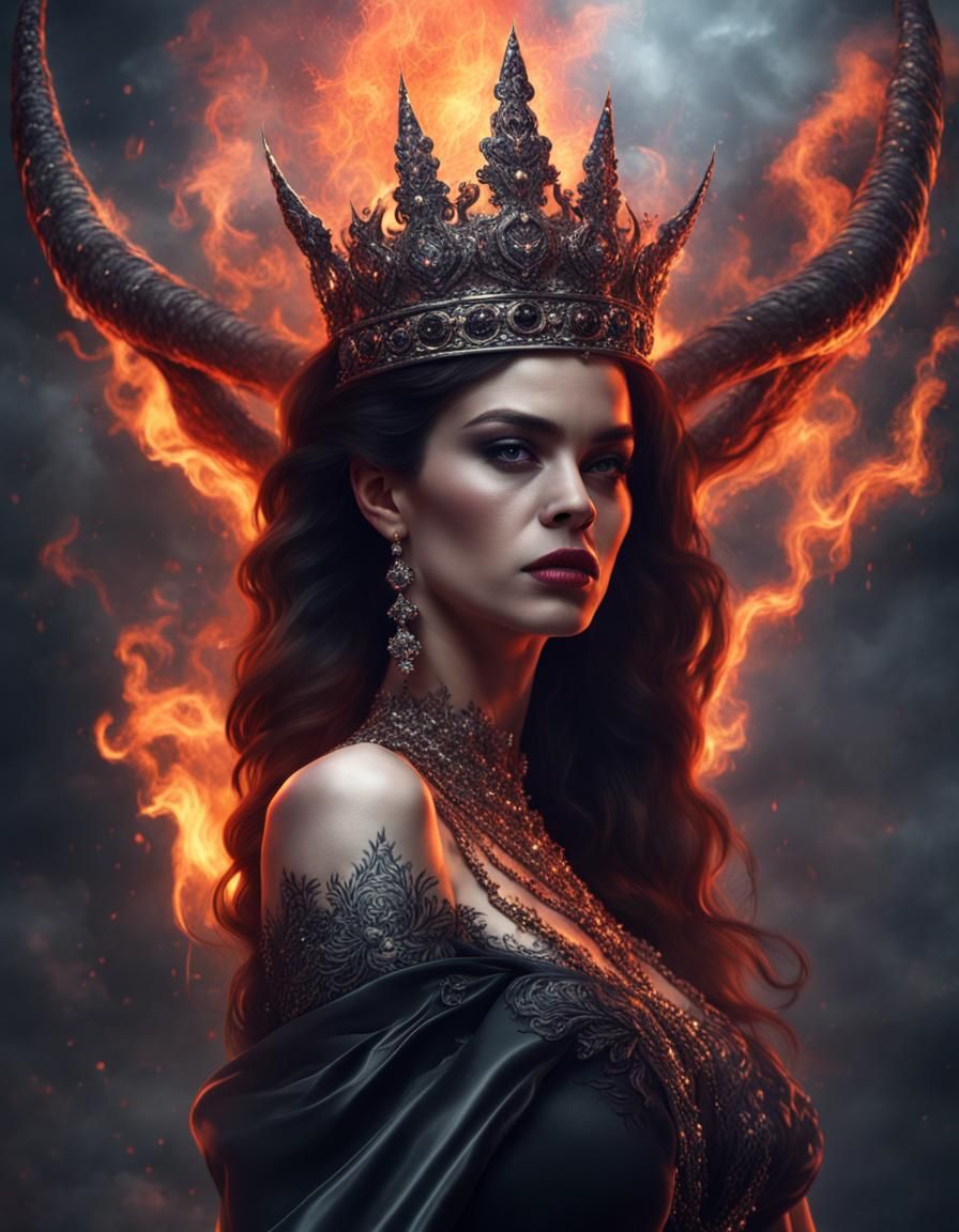 Majestic Queen of Hell in a Burning Landscape
