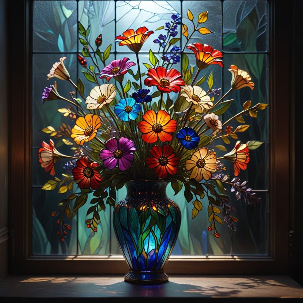 Stained Glass Vase Blooms with Vibrant, Iridescent Beauty