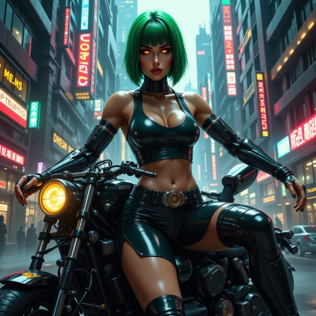 Cyborg Queen on Motorcycle in Cyberpunk Alley