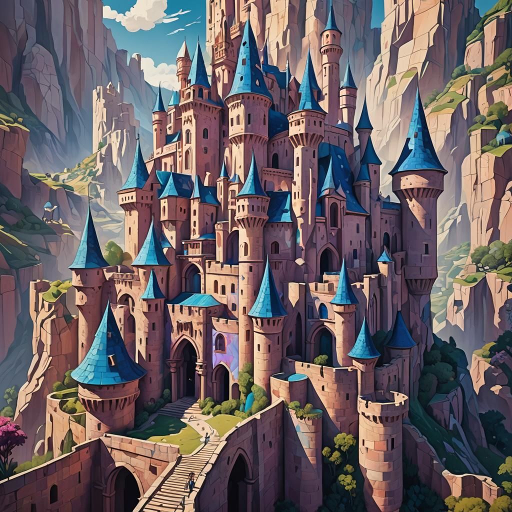 Majestic Castle in Surreal Landscape as Cubist Art