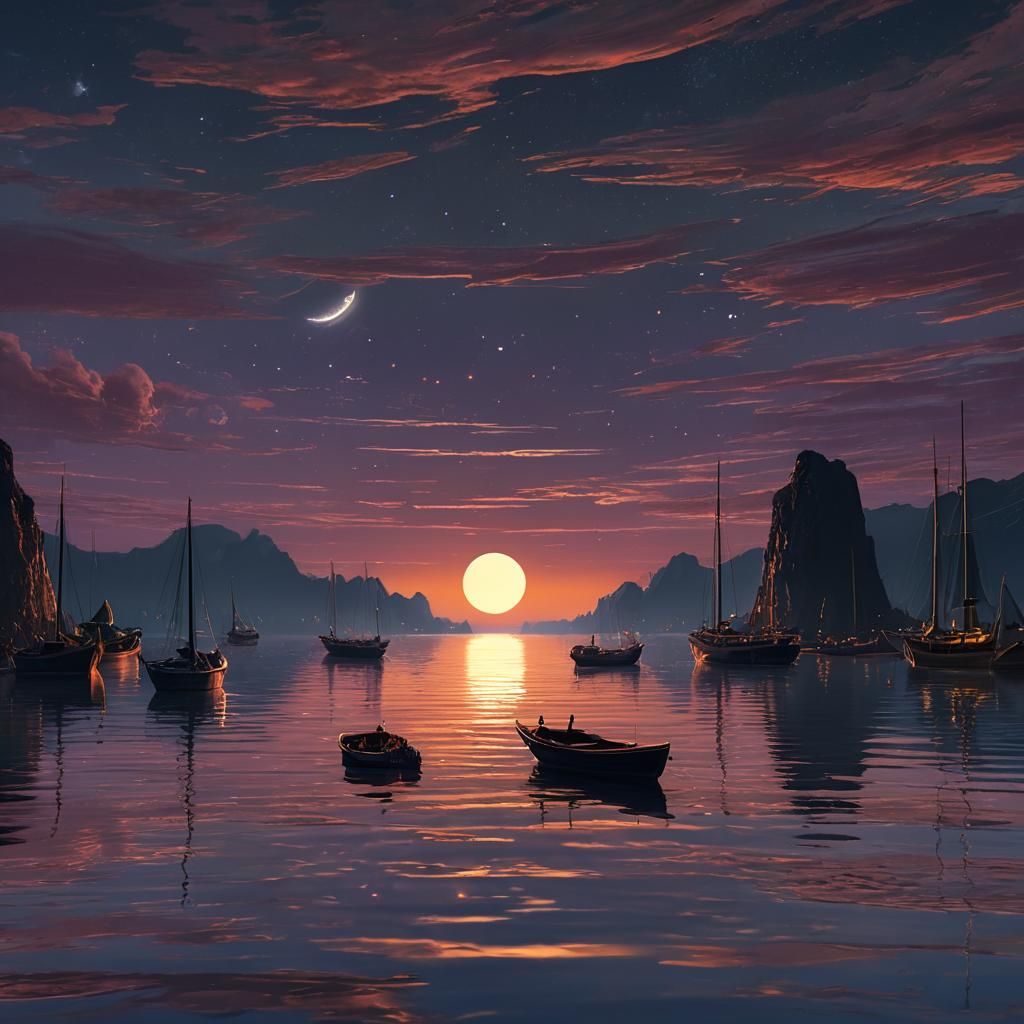 Two Moons Reflected in Still Ocean: Matte Painting