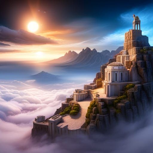 Blue-Skinned Greek God Ascends from Clouds