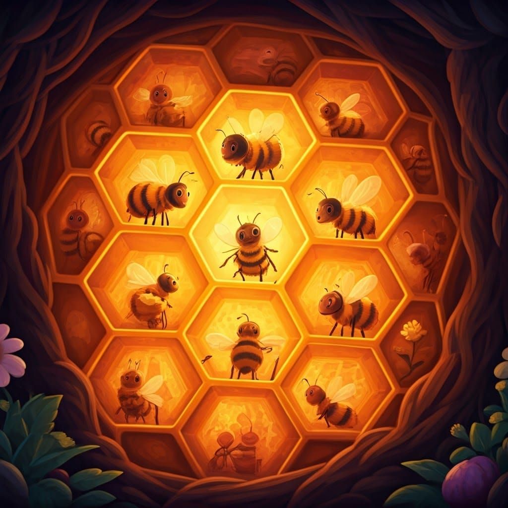 Whimsical Bee City in a Glowing Honeycomb