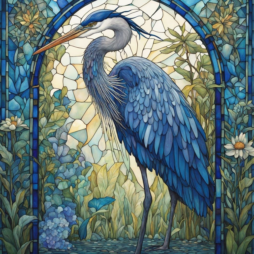 Majestic Blue Heron in Vibrant Stained Glass Art