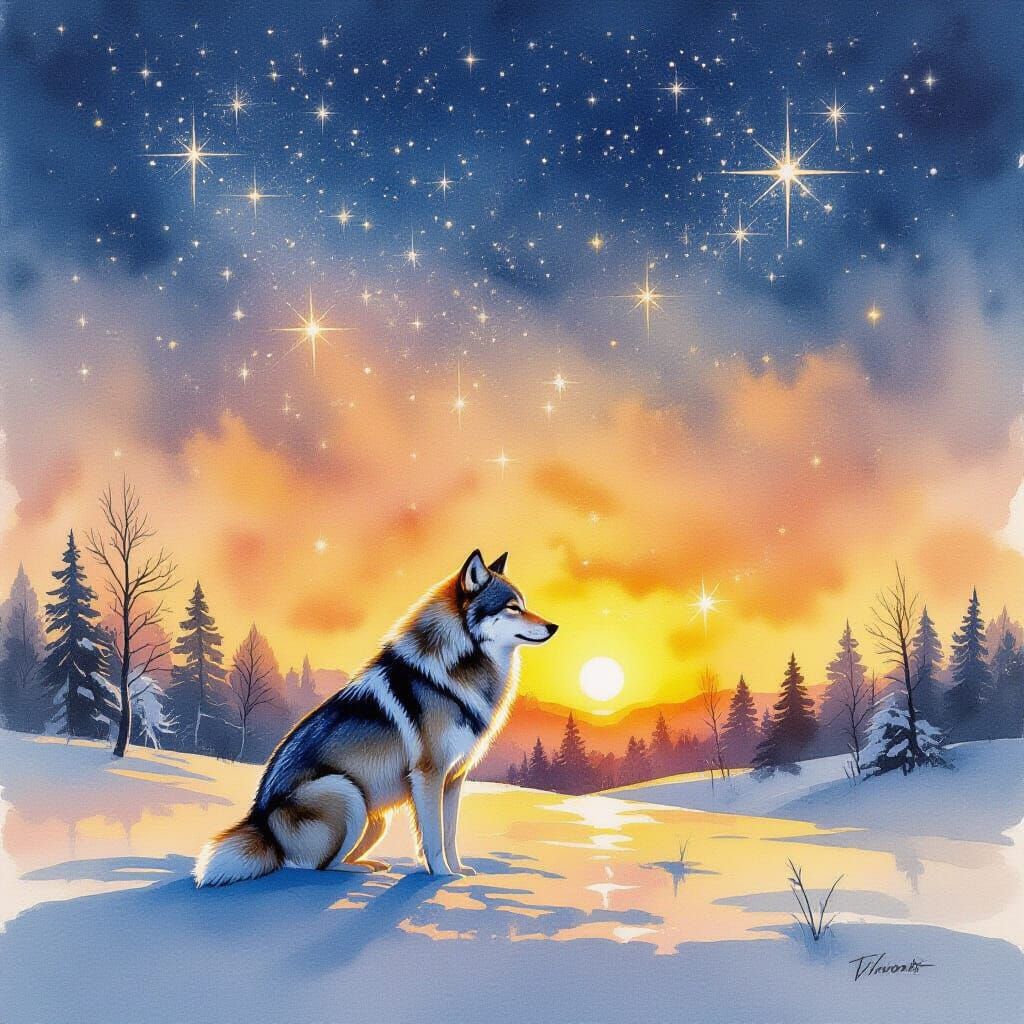 Wolf Under Starry Sky: Watercolor Dreamscape