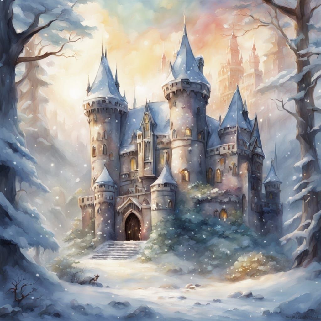 Fairy Tale Snow Queen Castle in Watercolor Style