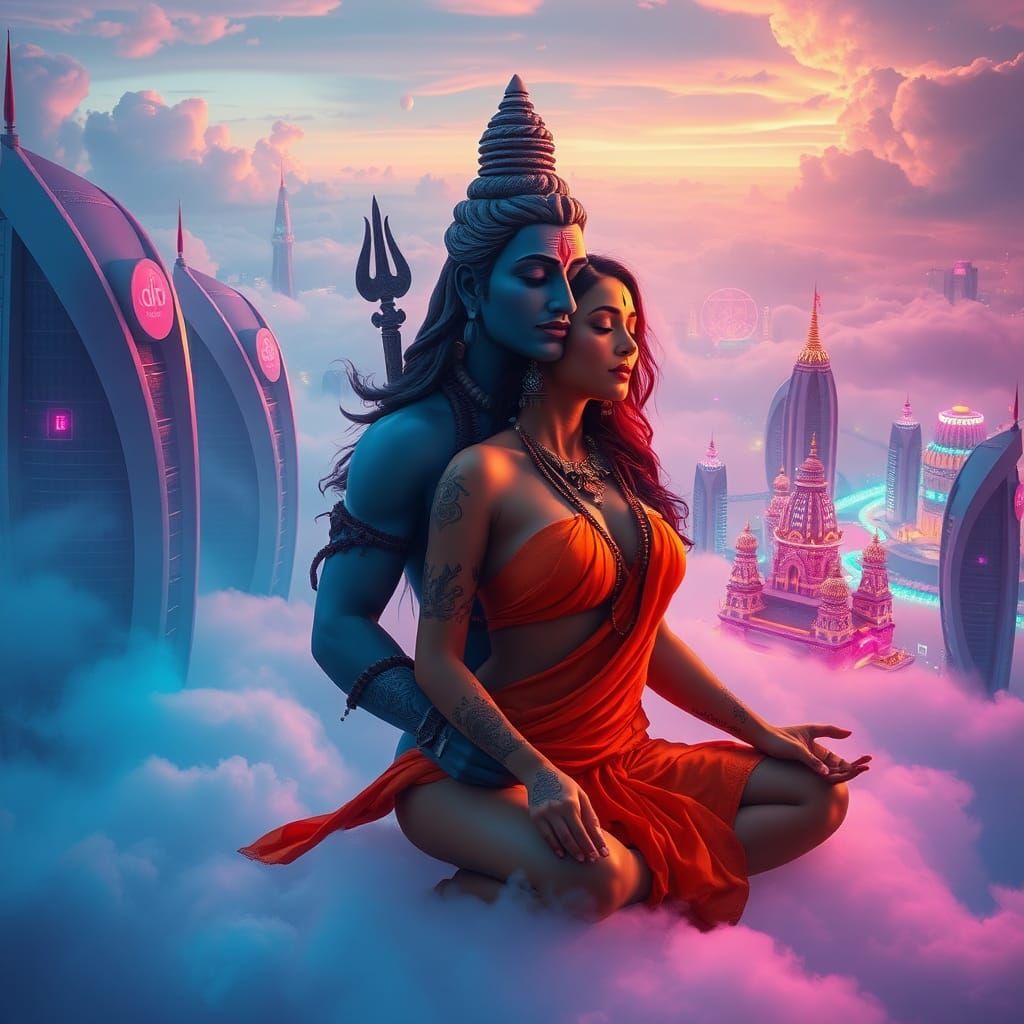 Indian Woman and Shiva Meditate in Sky Town