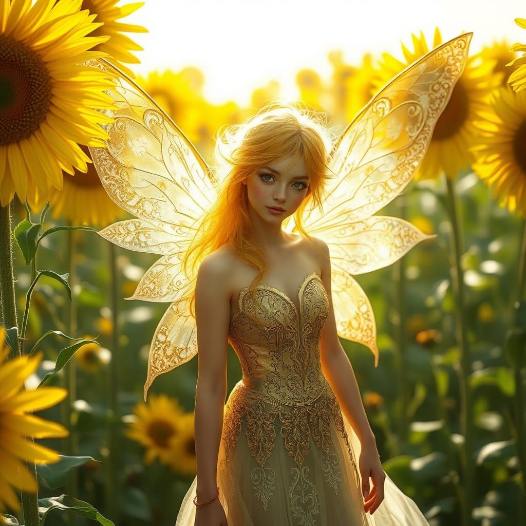 Golden Fairy in Sunflower Field, Futuristic Realism