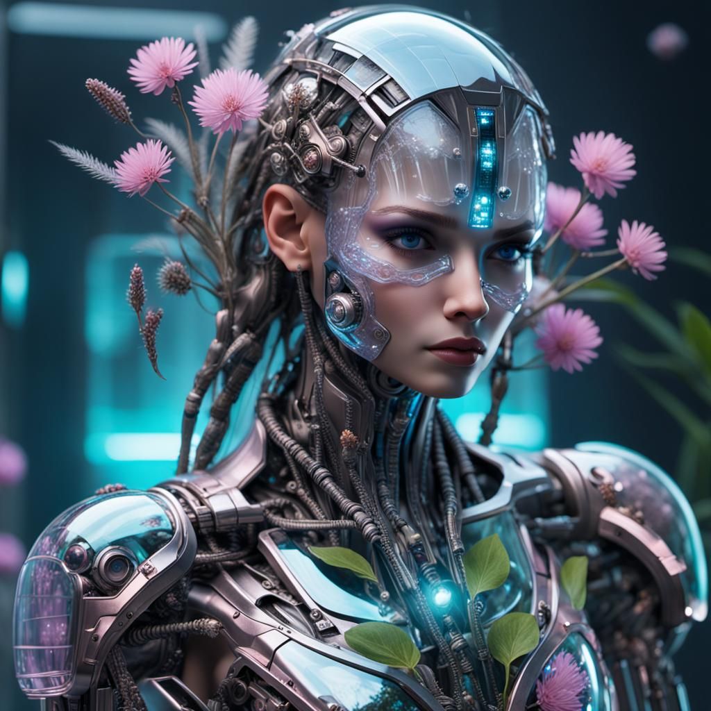 Robotic Woman with Natural Elements, Detailed Matte Painting