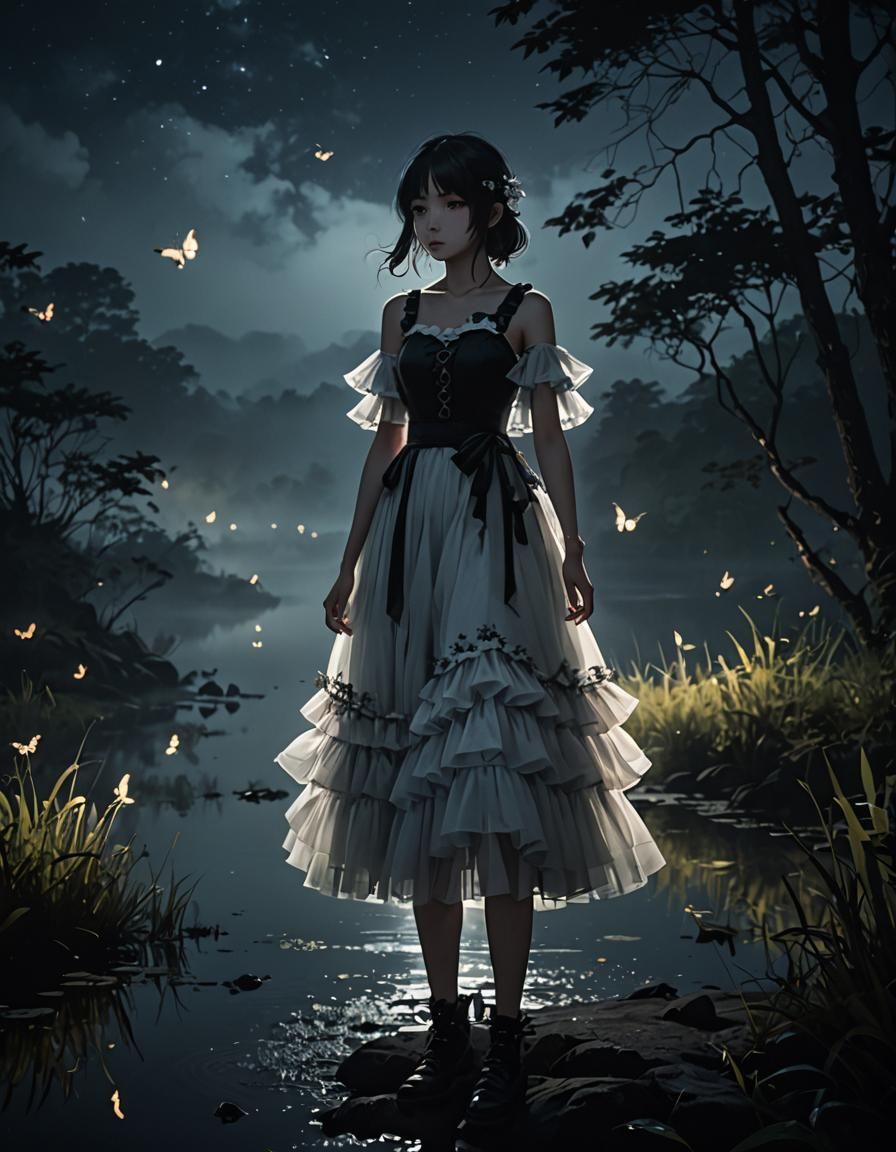 Eerie Night: Glowing Dress and Fireflies in Mist