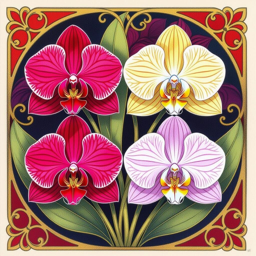 Art Nouveau Orchids in Rich Reds and Purples, Colored Pencil...