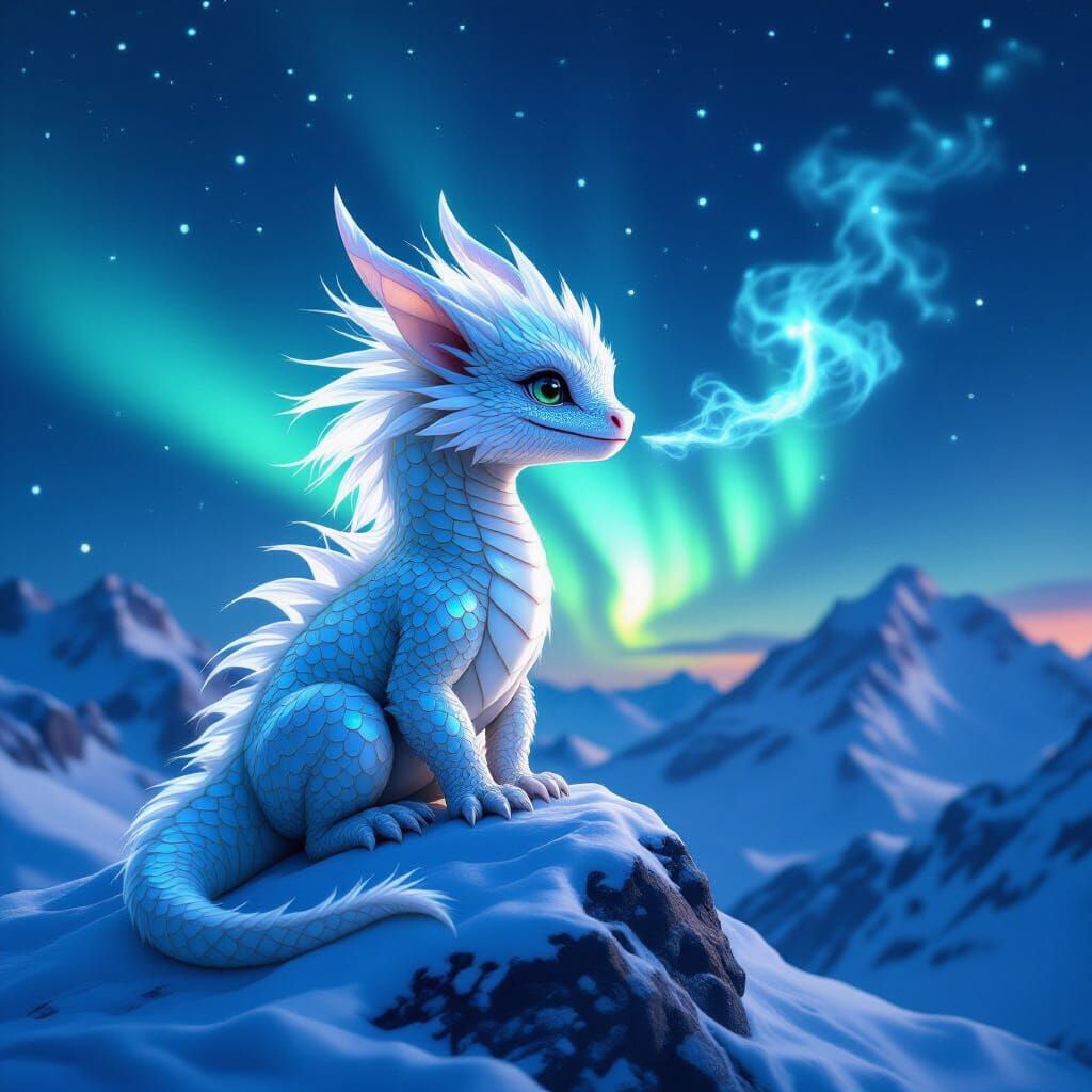 Iridescent Dragon on Snowy Peak Under Aurora