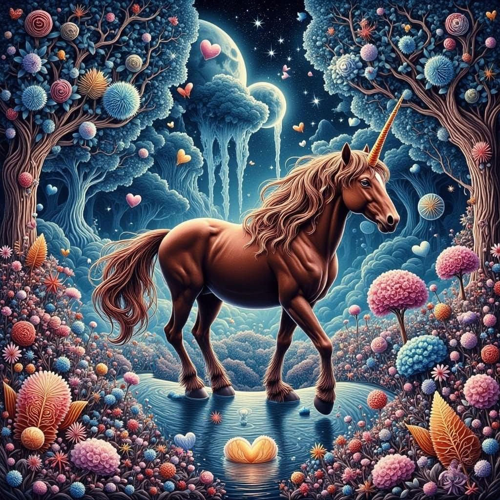 Whimsical Unicorn in Impossible Escher Landscape