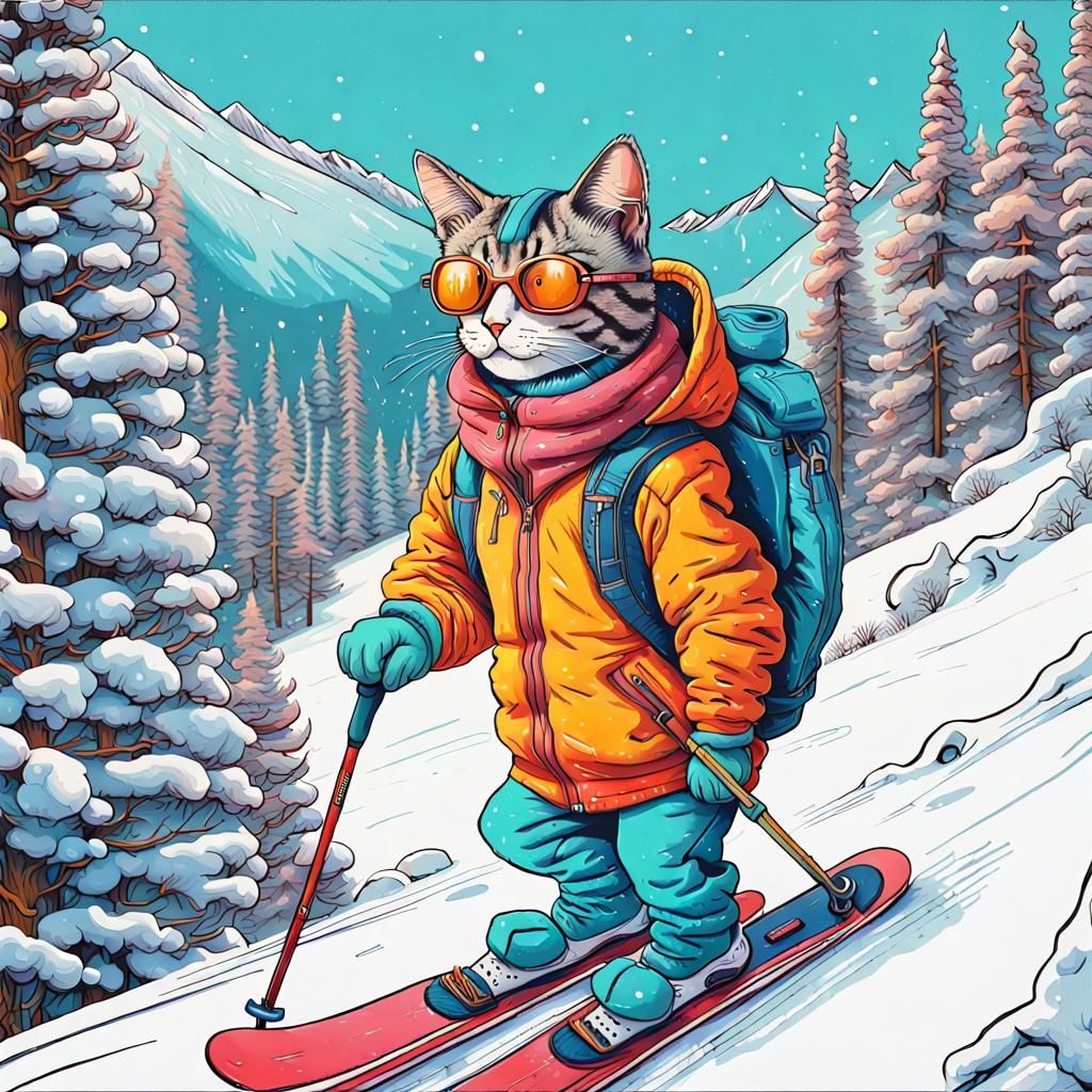 Colorful Cat Skier in Winter Landscape