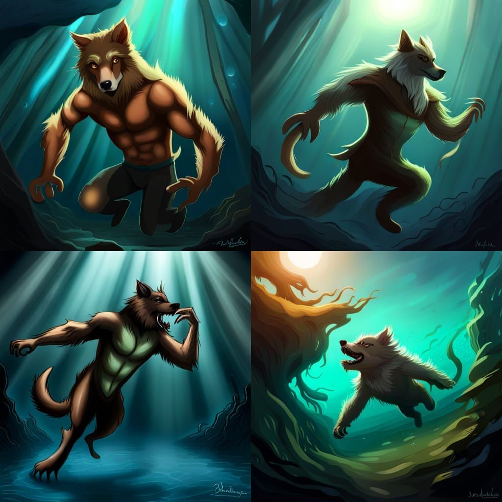 Anthro Werewolf Swimming Underwater
