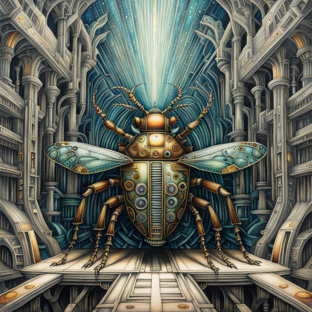 Steampunk Bug in Serene Cavern: Colored Pencil Art